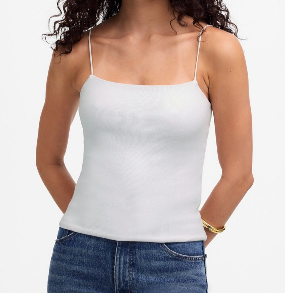 Madewell White Ribbed Square Neck Tiny Tank Top Small Spaghetti Strap Fitted